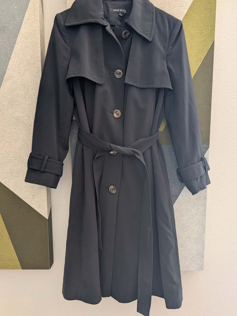 Anne Klein Heavy Dark Charcoal Grey Classic Trench Style Rain Coat with Belt